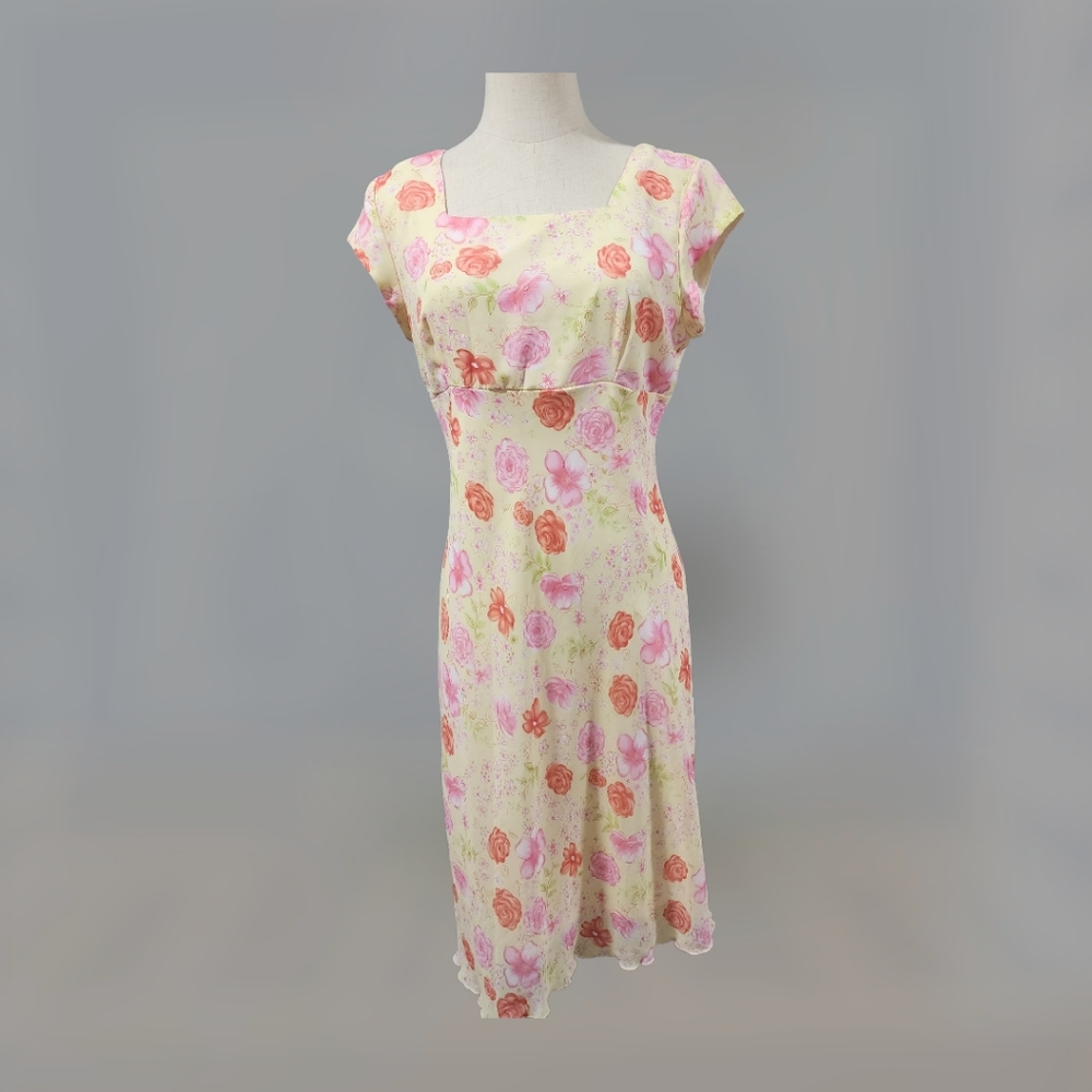 VTG Jodi California Empire Midi Dress Pale Yellow 9/10 Floral Lined SS 90s Y2K
